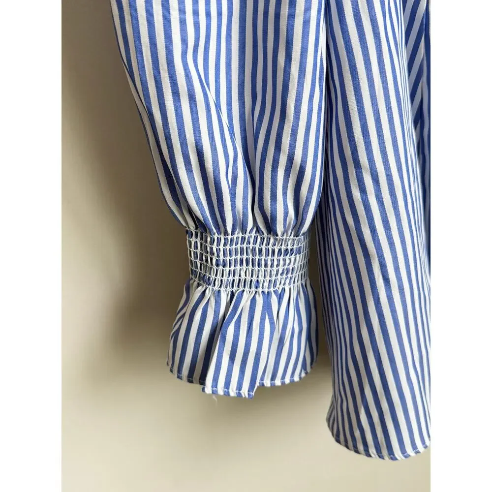 Tuckernuck Easton Stripe Long Sleeve V-Neck Blouse Blue White Women's Size M